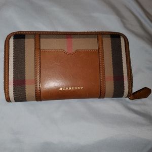 Burberry leather suede checker brown zipper wallet
